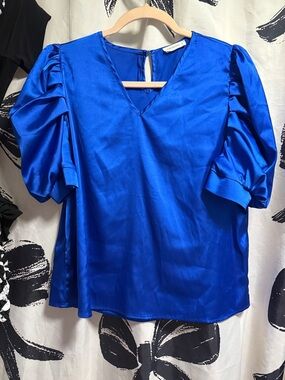 Satin V-Neck Puff-Sleeve Blouse in Cobalt